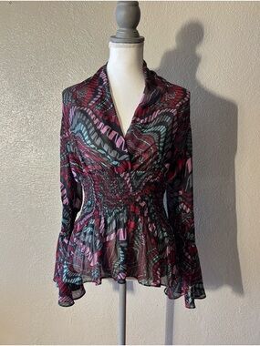 Bisou Bisou Boho Sheer Smocked-Waist  Bell Sleeves Festival Blouse